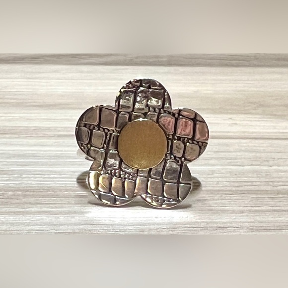 Retro Designer Sterling Silver & Gold Modernist Textured Flower Ring, Size 8 - Picture 3 of 10